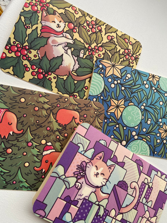 Collection de 4 cartes de vœux illustrées