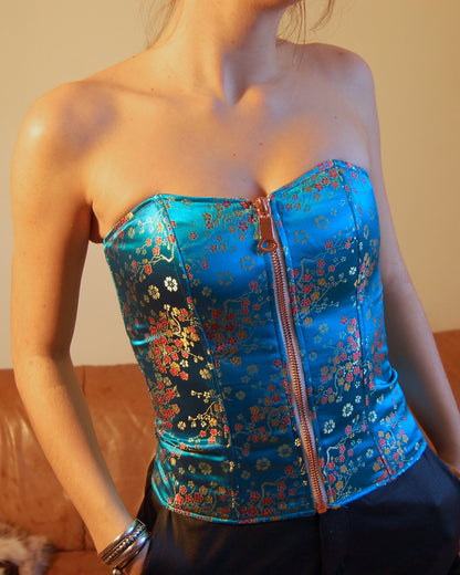 Bustier fleuri turquoise satiné  – Pièce unique