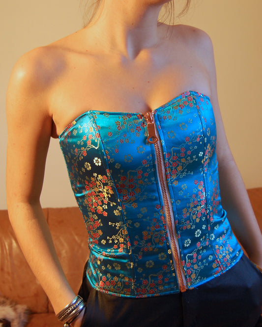 Bustier fleuri turquoise satiné  – Pièce unique